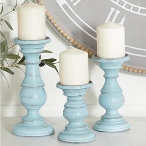 NIB - Set of 3- 6”, 8”, & 10” Tall Wood Rustic Pillar Candle Holders, Light Blue